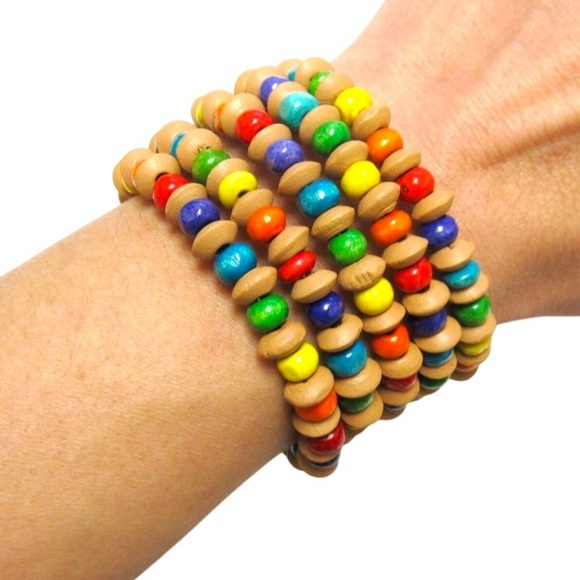 Boho Rainbow Wood Wrap Bracelet Hippie Color Burst Beaded Cuff 5 Loop Handmade - Picture 4 of 4